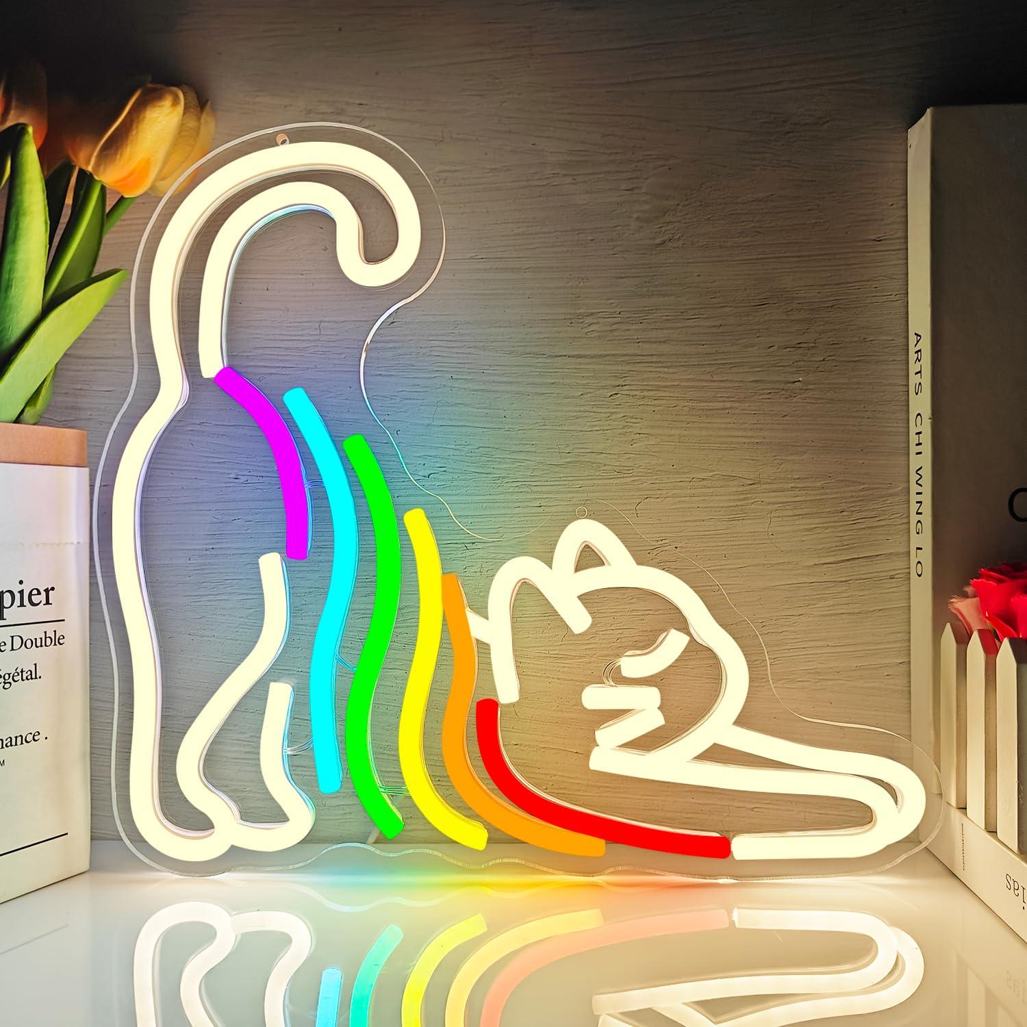 Neon Sign Party - Regenbogenfarbenes, dehnbares Katzen-Neonschild, ideal als Dekoration