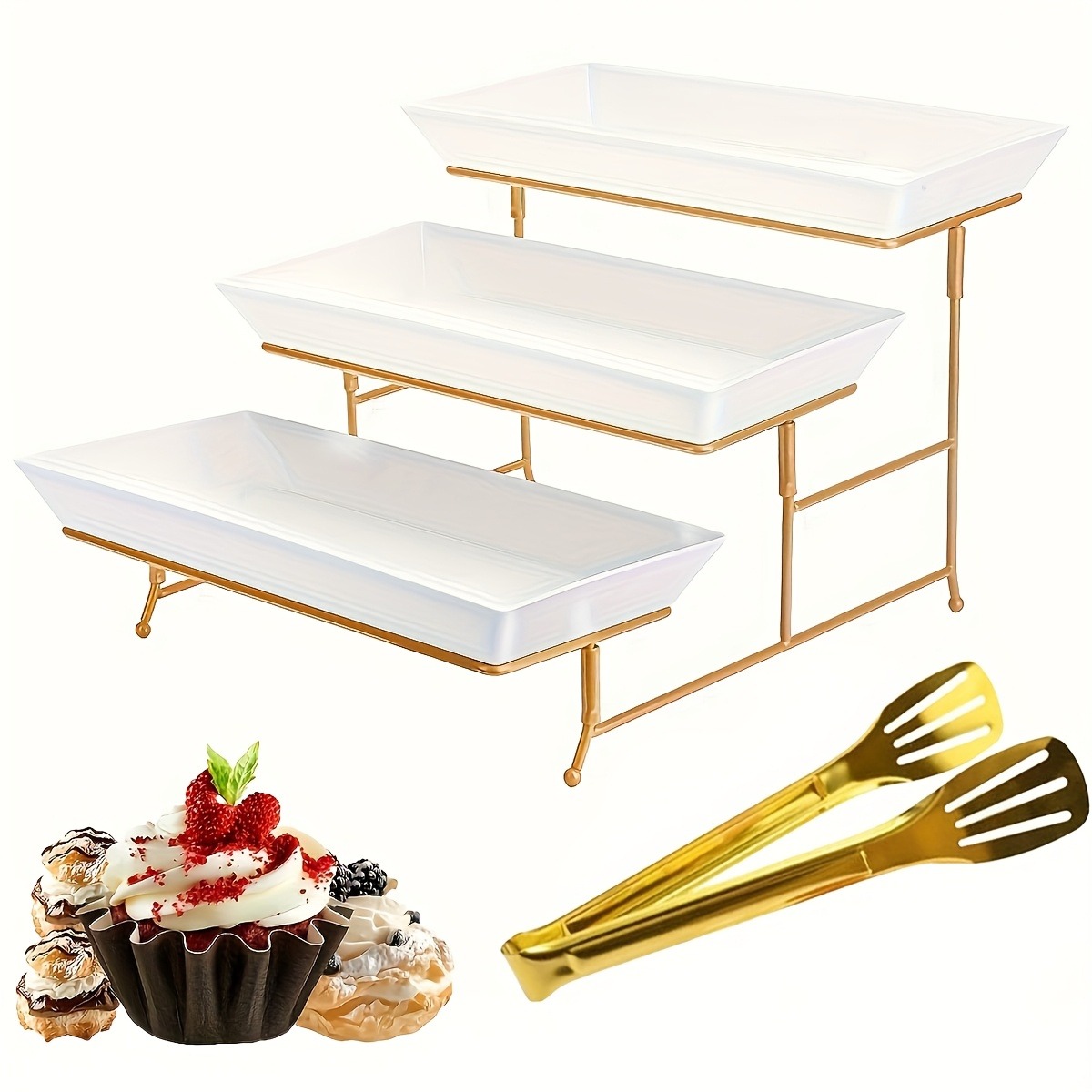 Cupcake Stand Tier - Weißer Etagen-Servierständer + Servierzange, 3 Kunststoffschalen