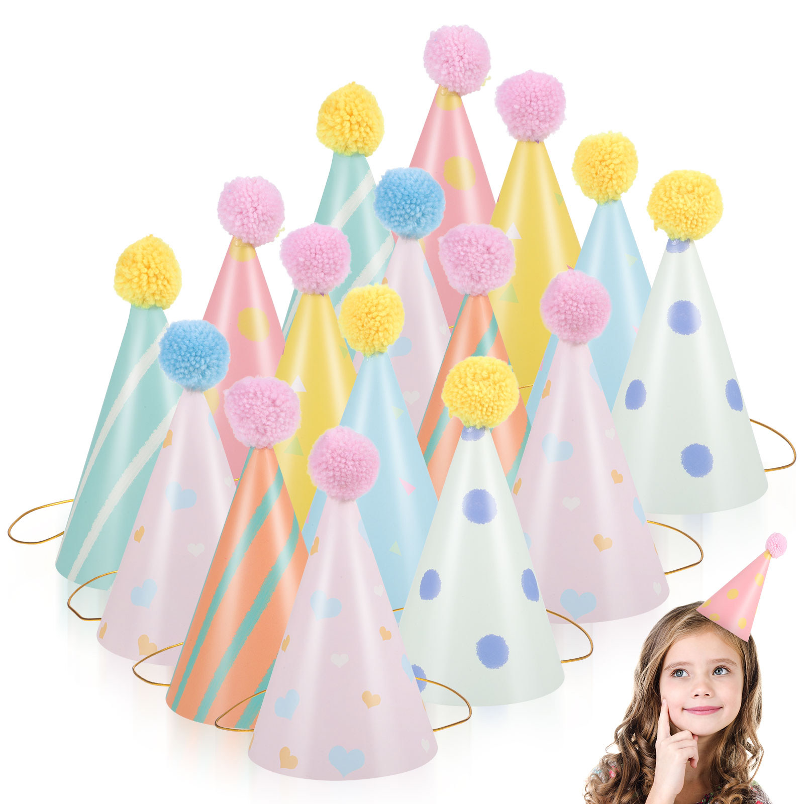 Party Hat Cone - 14-teiliges Set Papier-Geburtstagshüte für Kinder, Kegelförmige