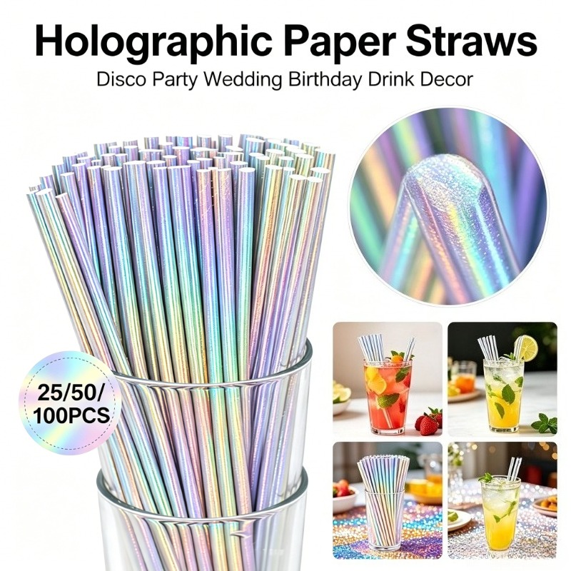 Paper Straw Color - 25/50/100 Stück Silberne Laser-Papierstrohhalme Einweg-Trinkhalme für
